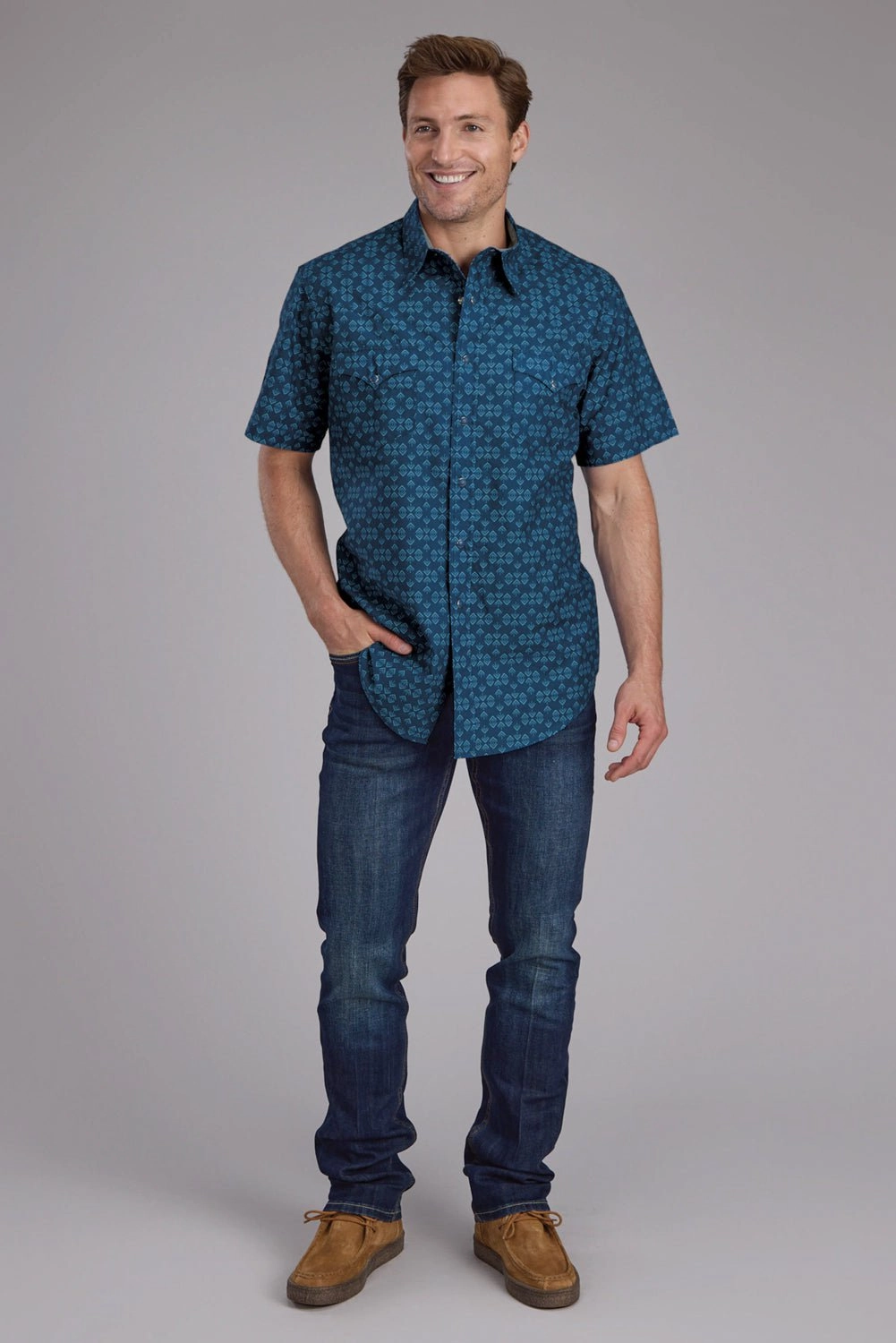 Roper Mens 2350 Diamond Print Blue 100% Cotton S/S Shirt Lightweight Feel Wrinkle-Resistant