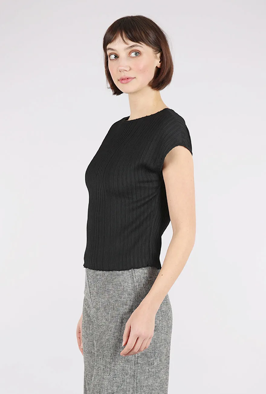 Micropleat Cap-Sleeve Top, Black