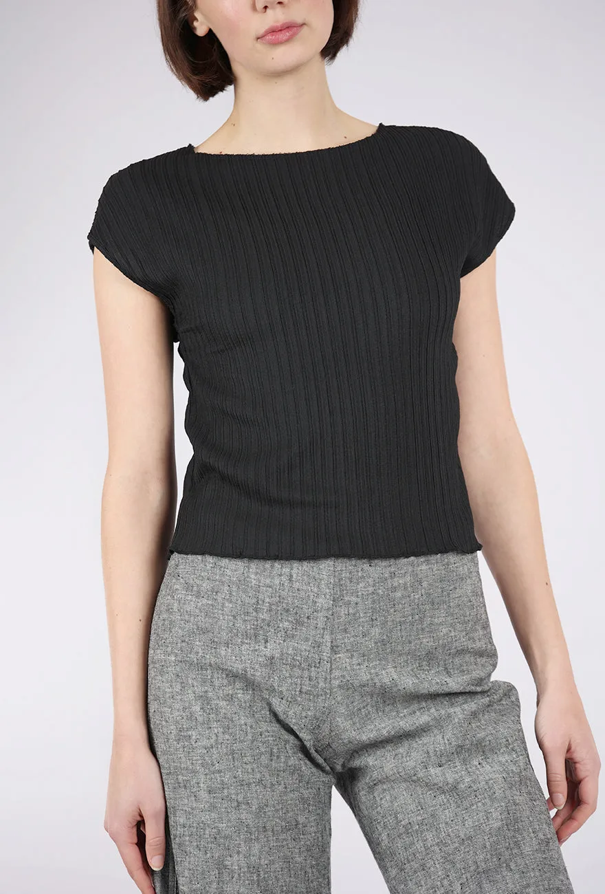 Micropleat Cap-Sleeve Top, Black