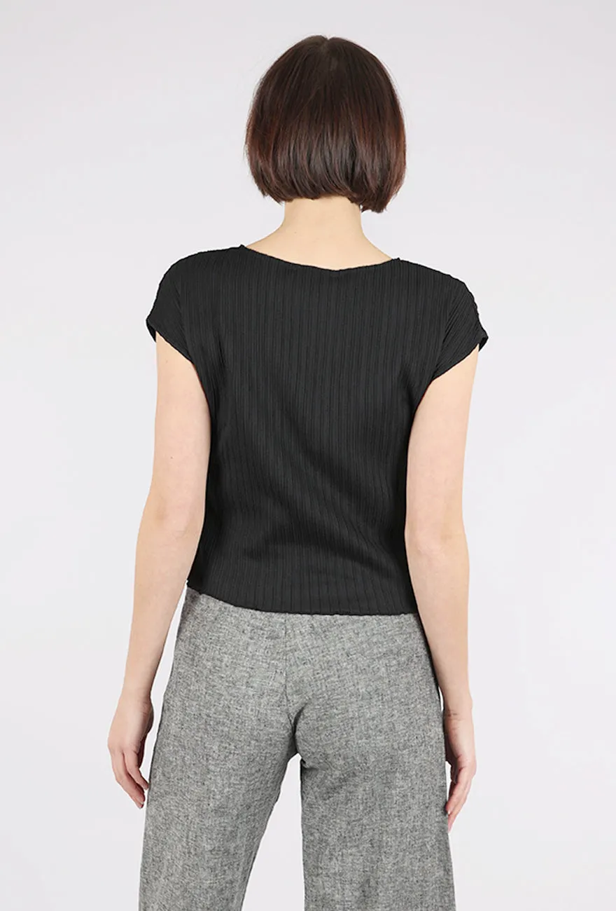 Micropleat Cap-Sleeve Top, Black