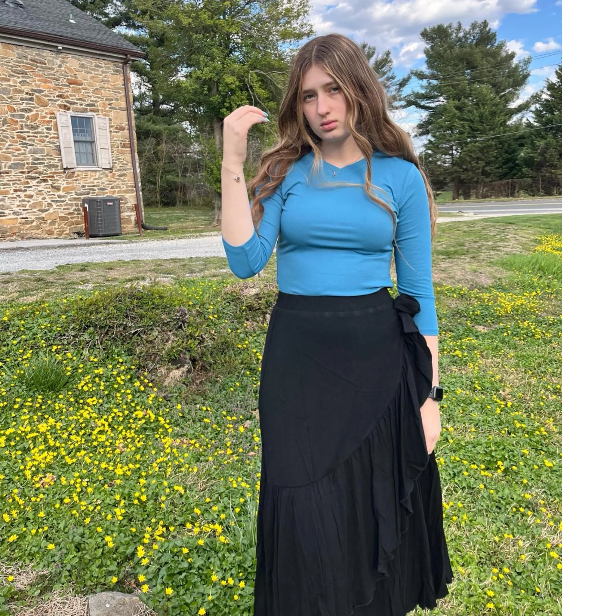 Microribbed Faux Wrap Skirt Black