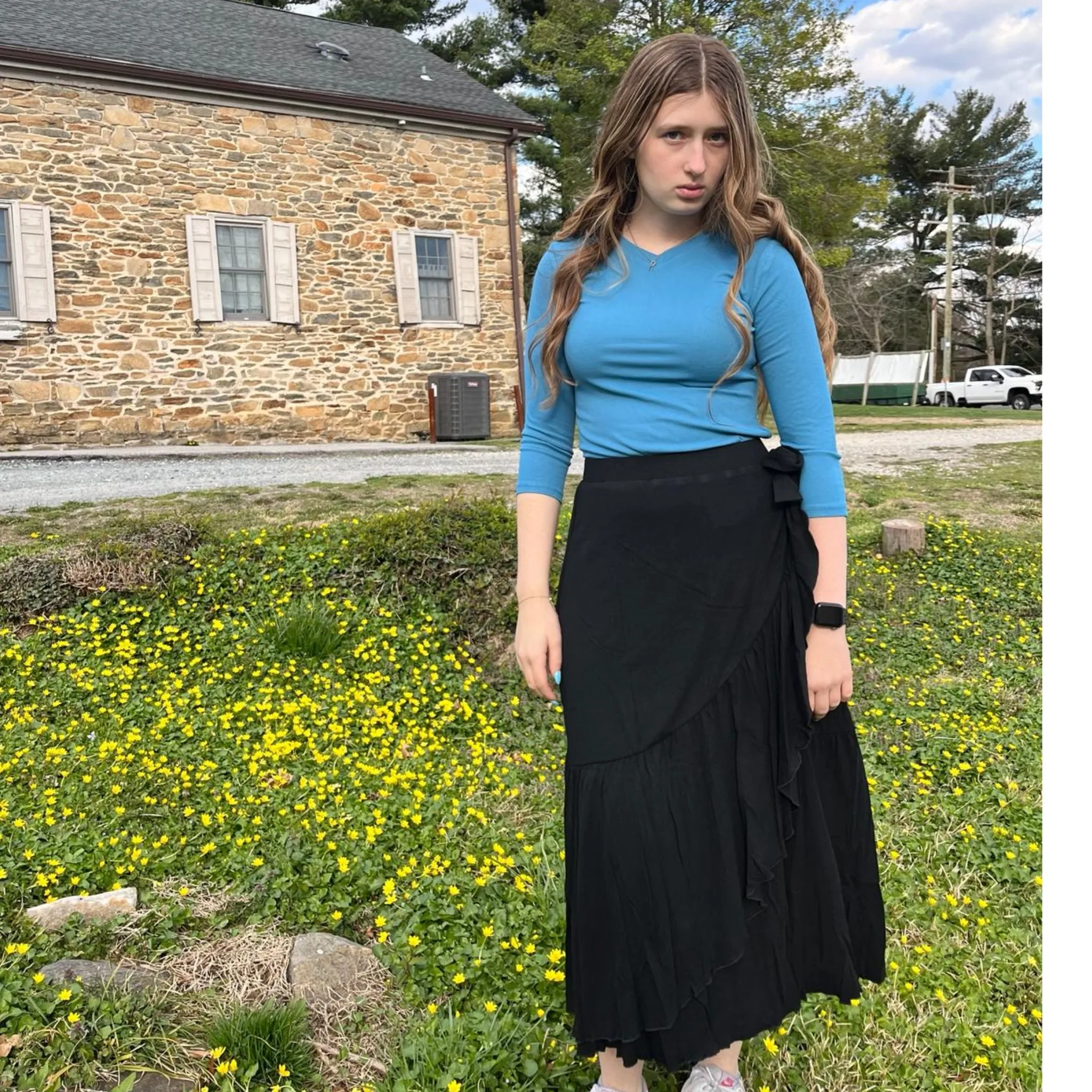 Microribbed Faux Wrap Skirt Black