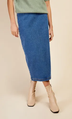 Mid-Blue Denim Midi Pencil Skirt by Vogue Williams