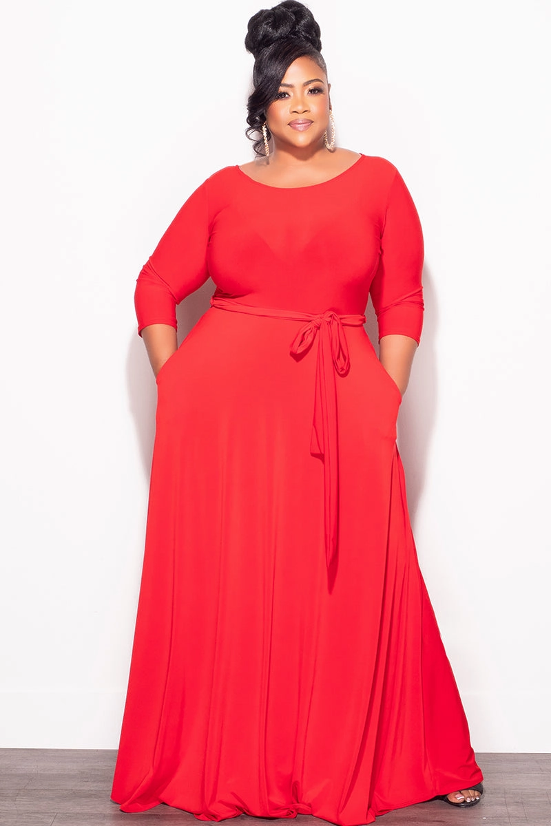 ReinforcedKnees Final Plus Size Long Dress with 3/4 Sleeve and Tie in Red