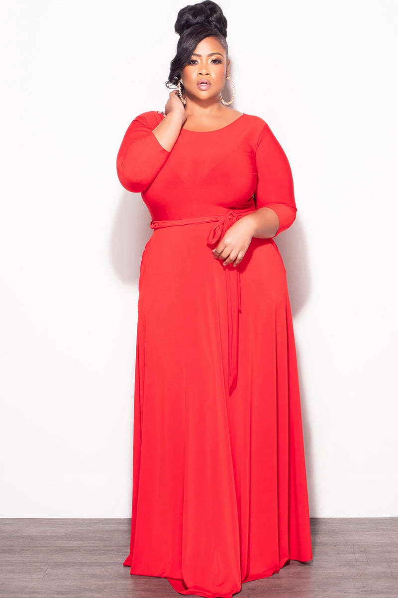 Final Plus Size Long Dress with 3/4 Sleeve and Tie in Red Sport Ready Layering Essential