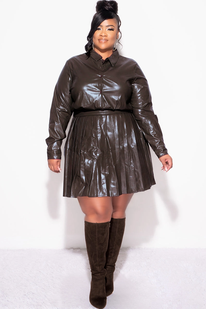 Urban Ready Final Sale Plus Size 2Pc Set Button Up Top With Pleated Skirt in Chocolate Brown
