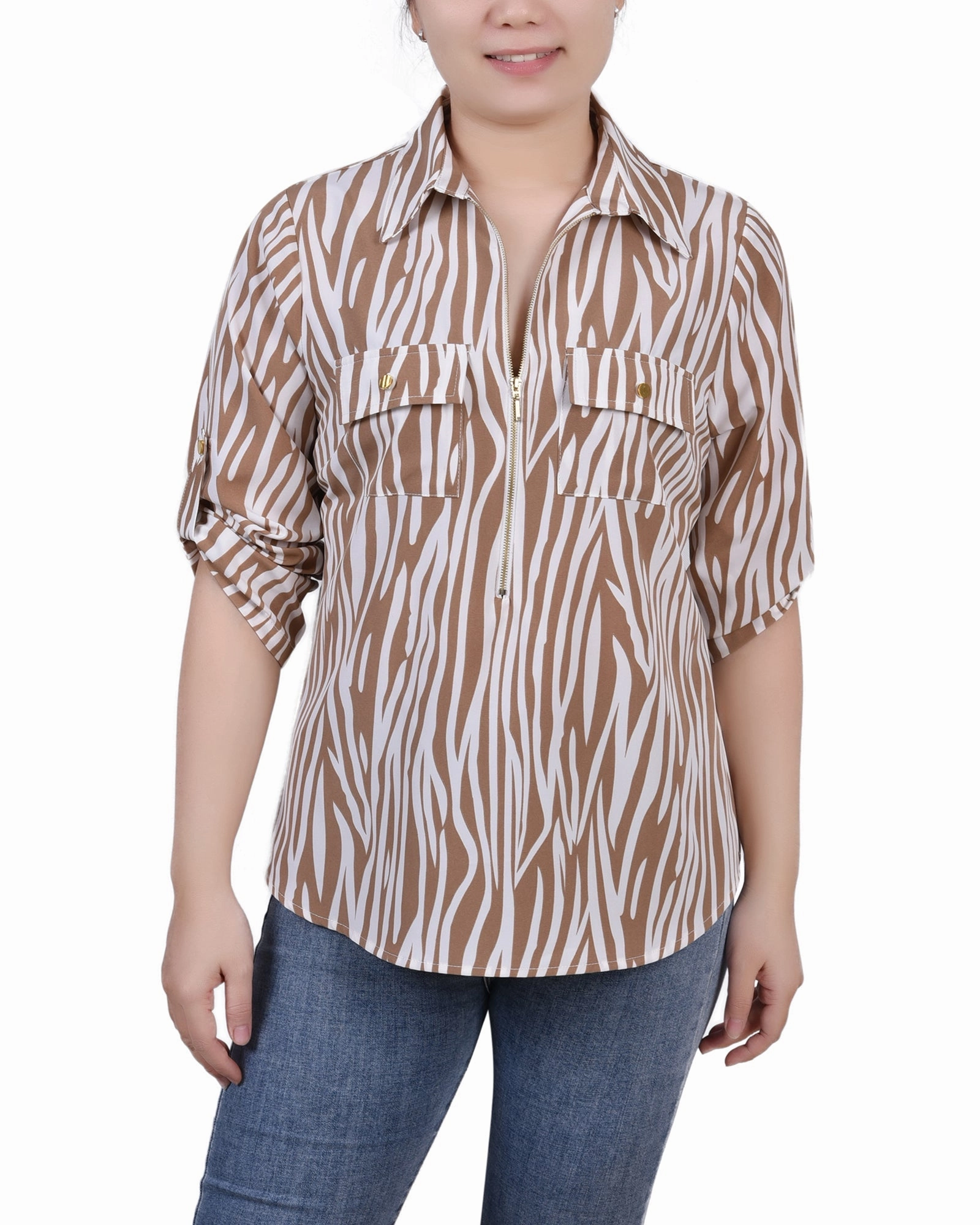 Formal Wear AllPurpose Design 3/4 Roll Tab Sleeve Zip Front Top