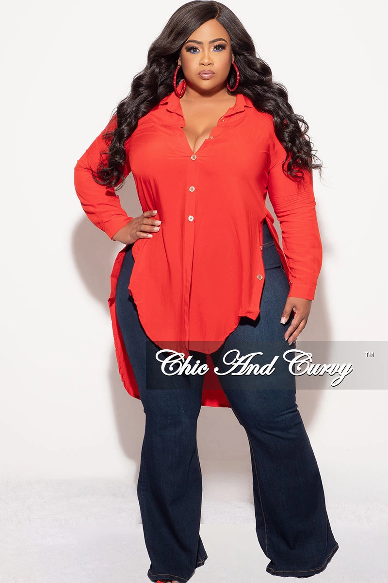 Lightweight Design Timeless Comfort Fit Final Sale Plus Size Final Sale Plus Size Collar Button Up High-Low Top in Red
