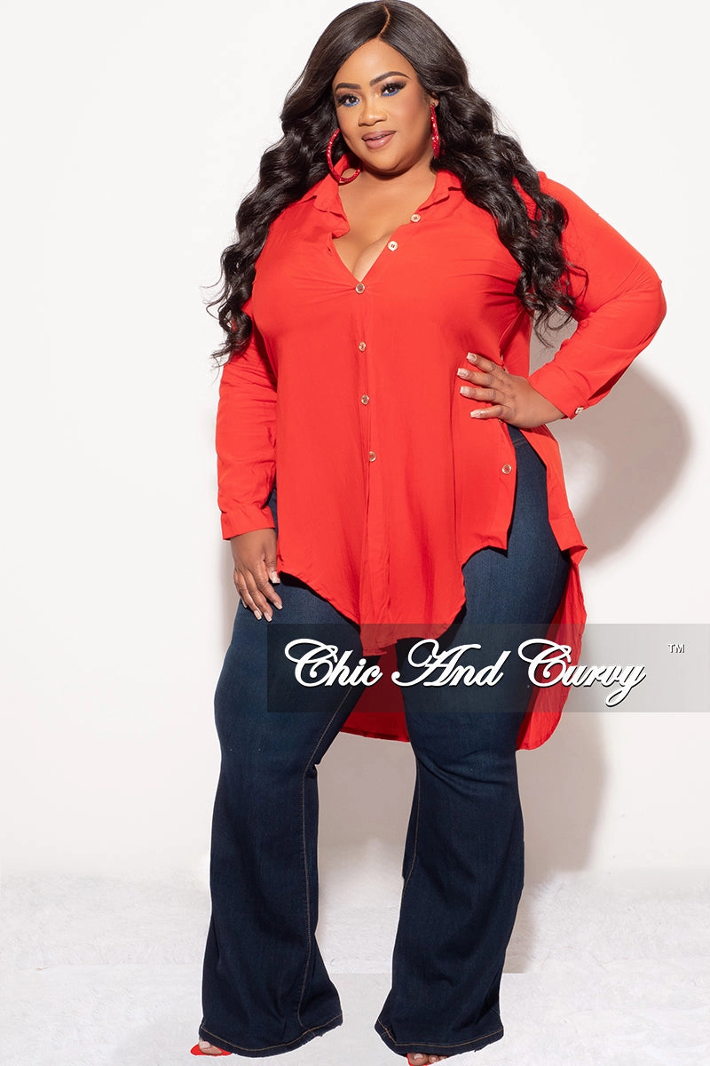 HighRiseWaist Chill Style Final Sale Plus Size Final Sale Plus Size Collar Button Up High-Low Top in Red