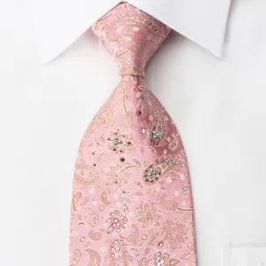Mila Schon Rhinestone Silk Necktie Paisley Anthemion On Pink With Silver Sparkles