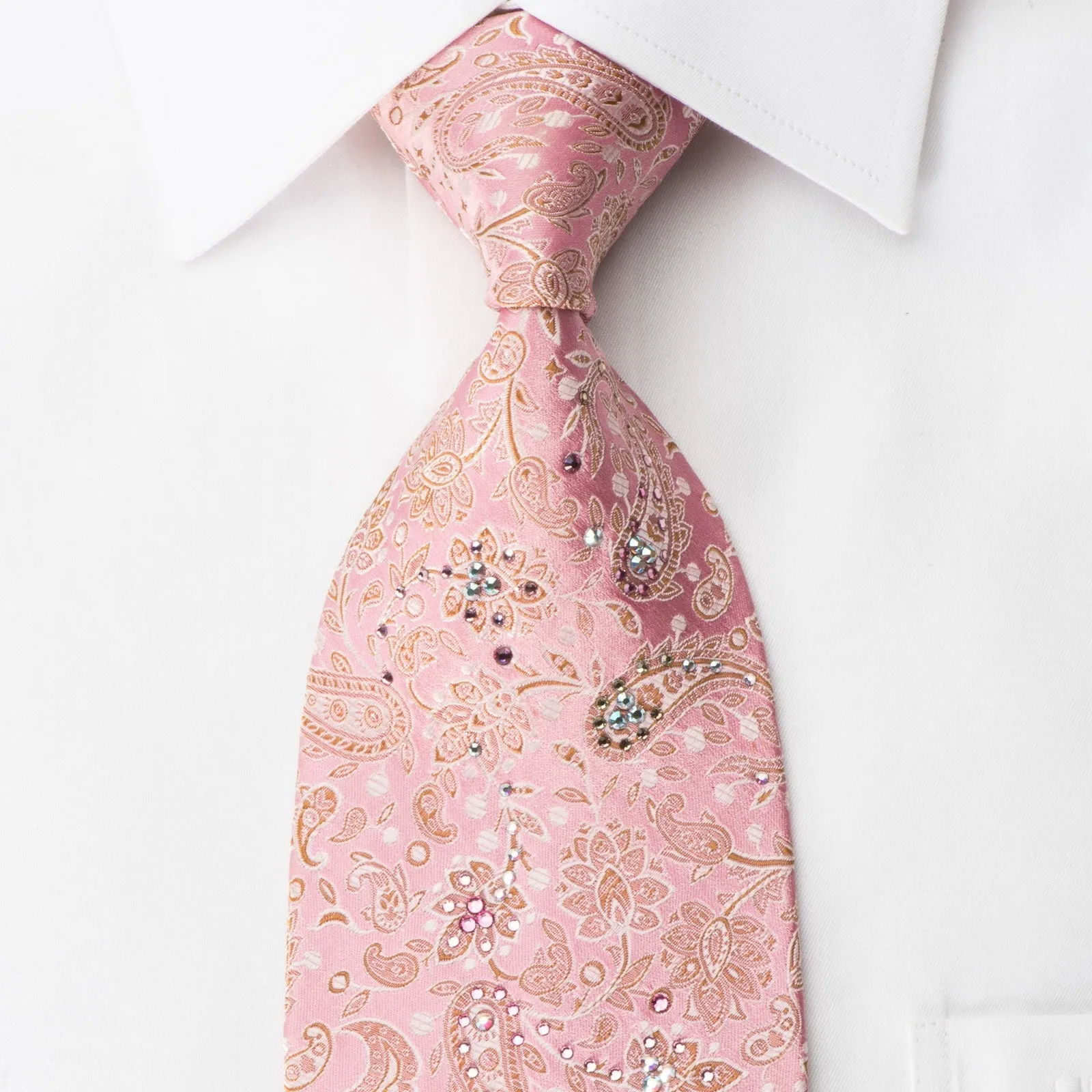 Mila Schon Rhinestone Silk Necktie Paisley Anthemion On Pink With Silver Sparkles