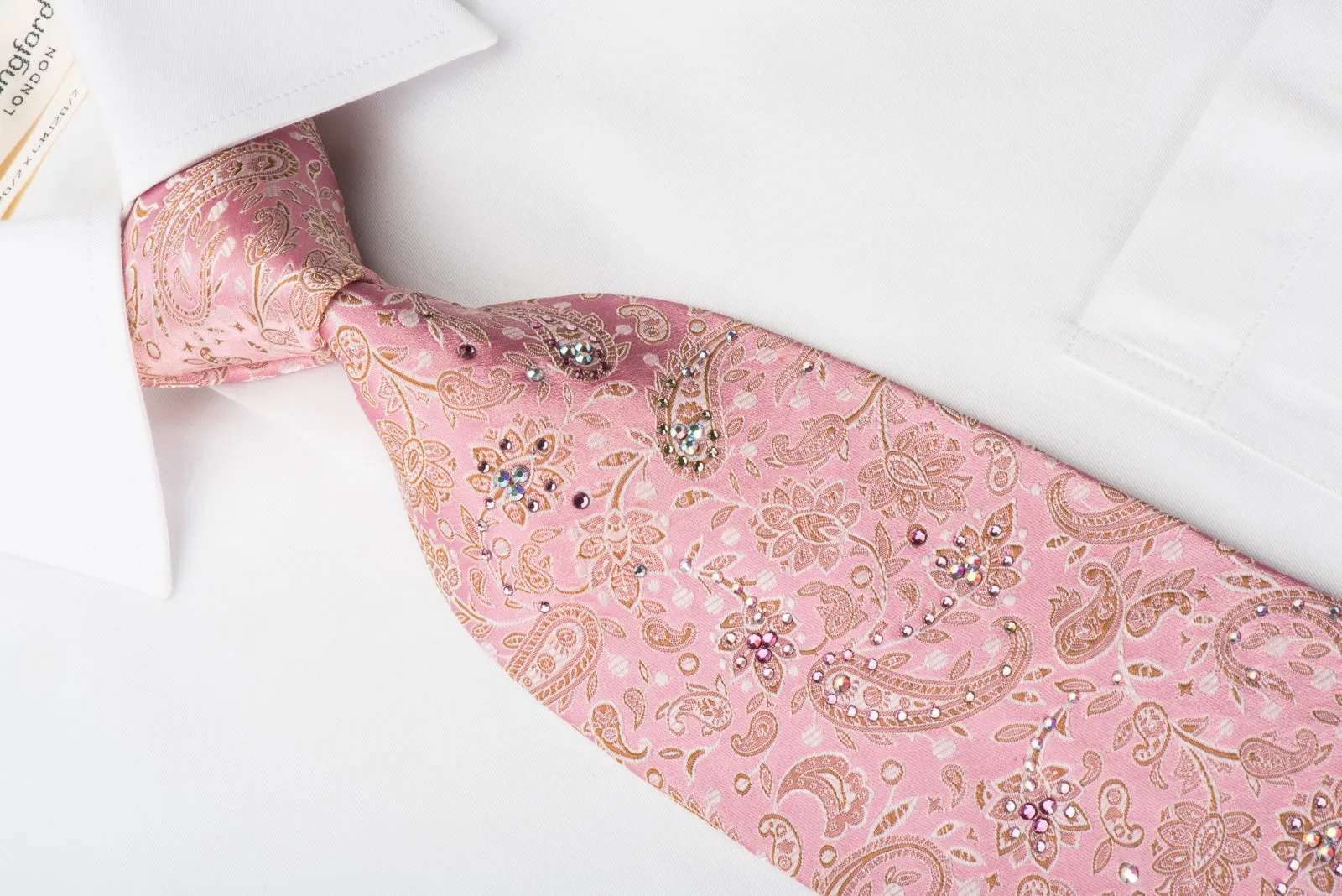 Mila Schon Rhinestone Silk Necktie Paisley Anthemion On Pink With Silver Sparkles