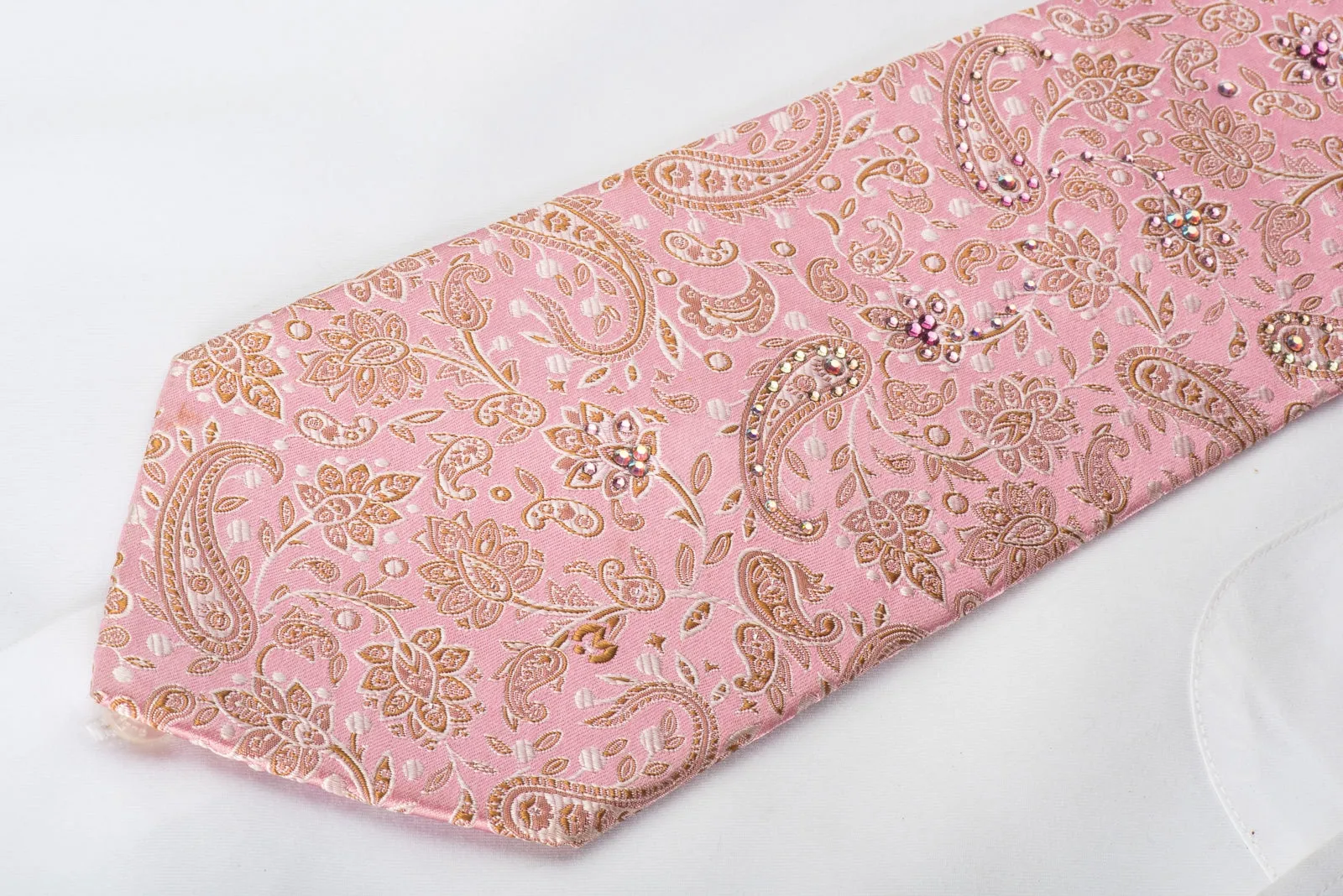 Mila Schon Rhinestone Silk Necktie Paisley Anthemion On Pink With Silver Sparkles