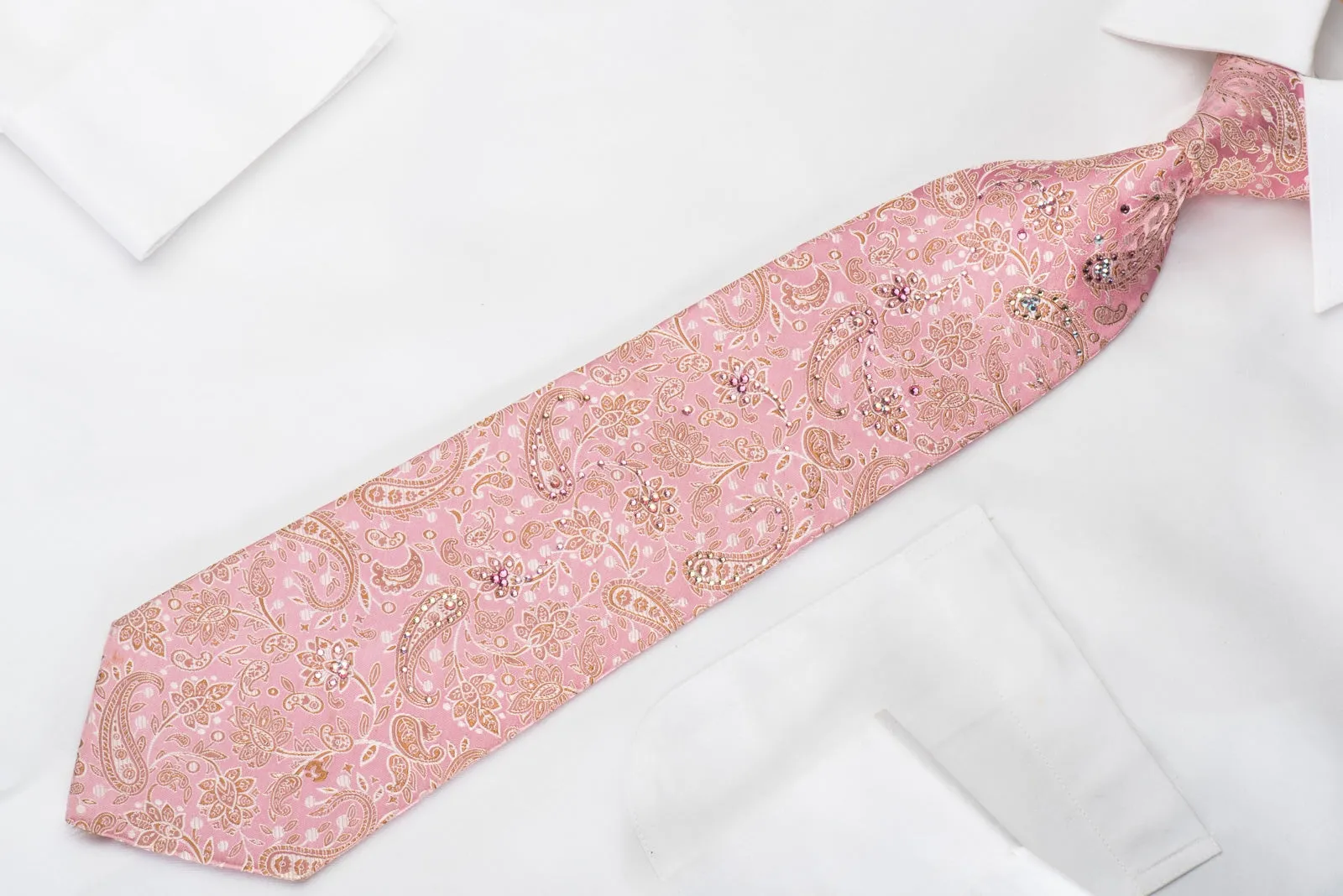 Mila Schon Rhinestone Silk Necktie Paisley Anthemion On Pink With Silver Sparkles