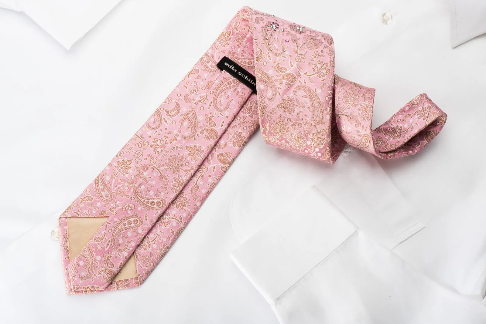 Mila Schon Rhinestone Silk Necktie Paisley Anthemion On Pink With Silver Sparkles