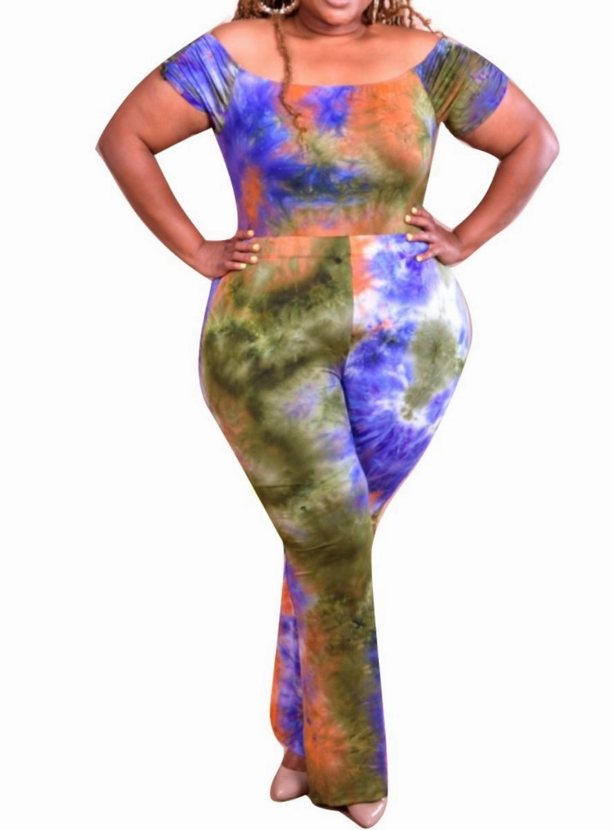 Final Sale Plus Size 2-Piece Set Off the Shoulder Bodysuit & Pants in Purple, Orange & White Tie Dye Soft and Light MoistureWickingFabric