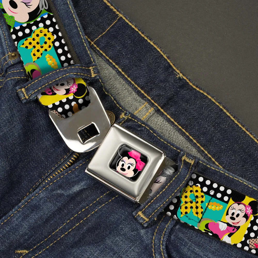 Mini Minnie Mouse Face CLOSE-UP Full Color Black Seatbelt Belt - Mini Minnie Fashion Poses/Polka Dot Black/White/Multi Color Webbing