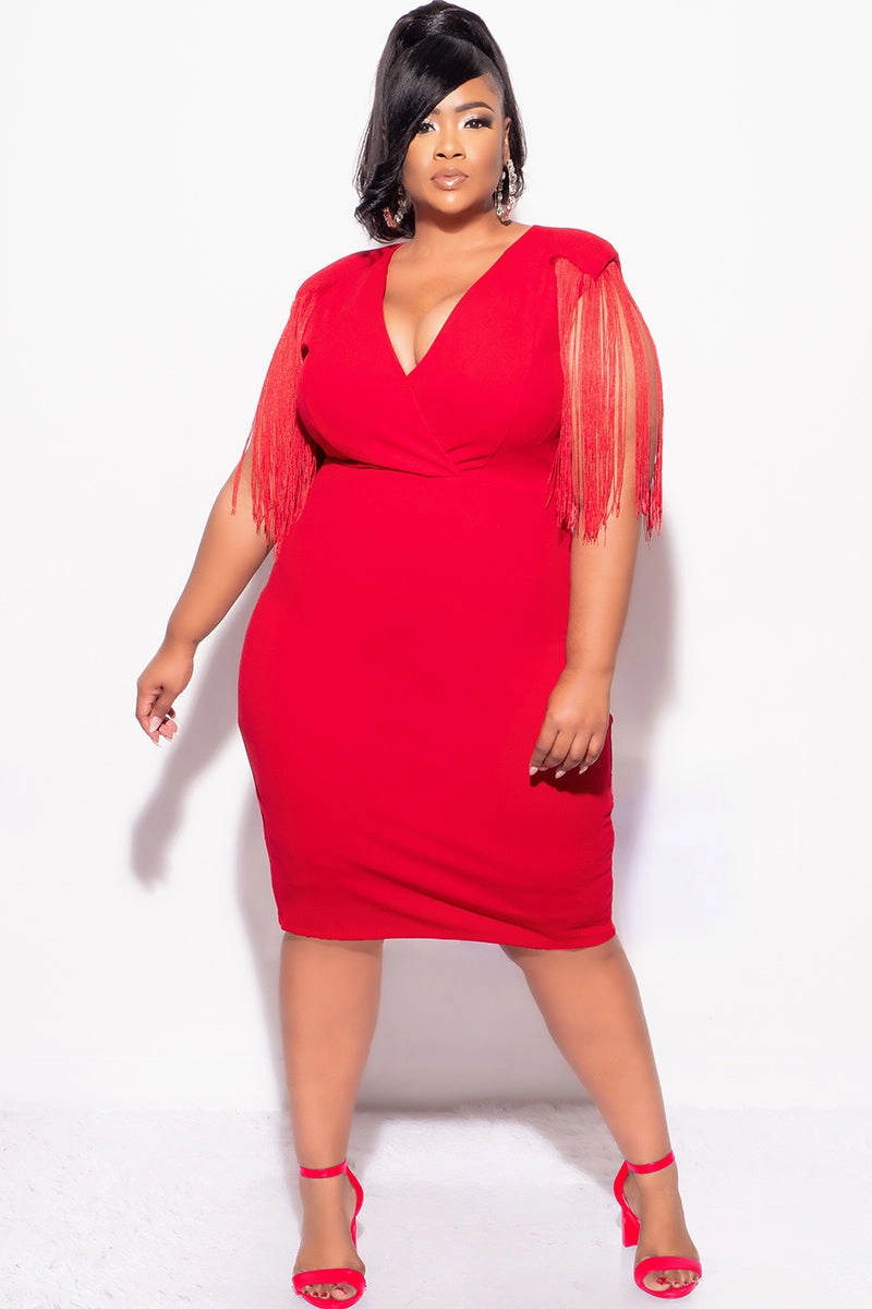 Final Sale Plus Size Faux Wrap Fringe Shoulder BodyCon Dress in Red Free Movement Chic Fit