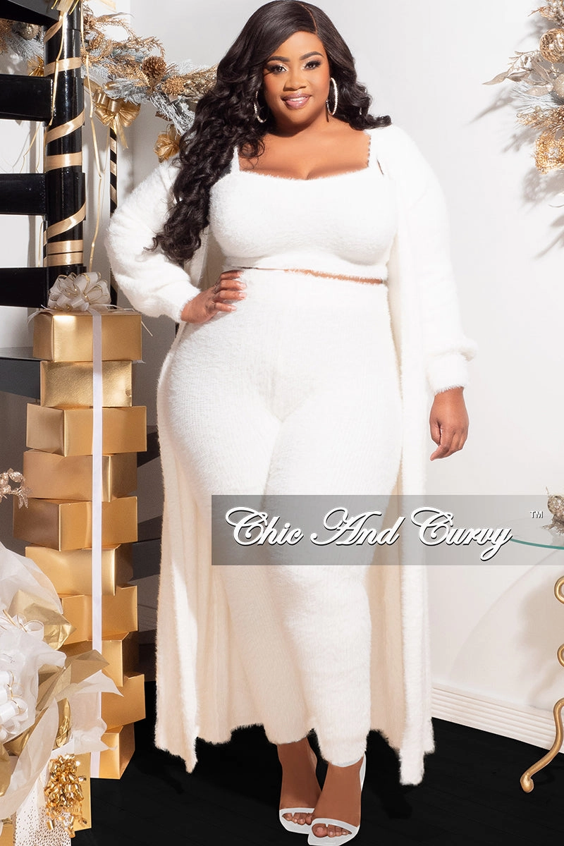 Flat Lock Seams Casual Layer Final Sale Plus Size 3pc Fuzzy (Duster, Sleeveless Crop Top & Pants) Set in Ivory