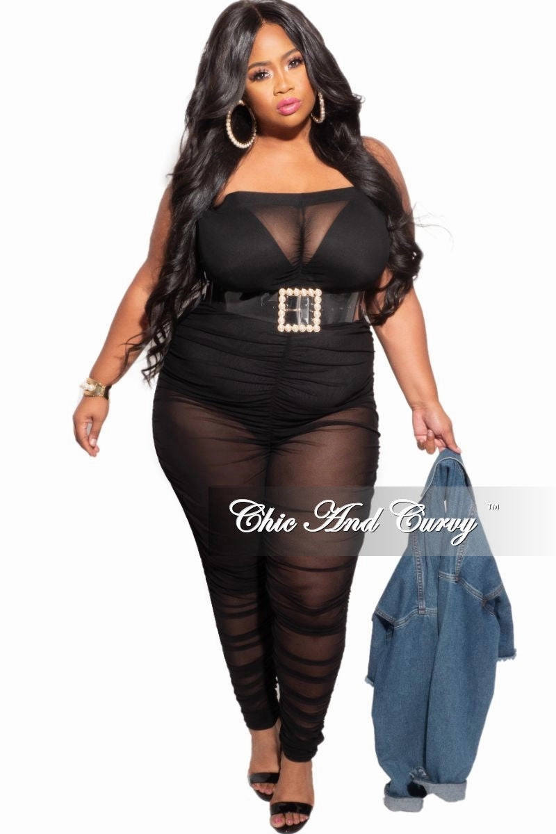 Bold Waistband Final Sale Plus Size Strapless Mesh Jumpsuit in Black