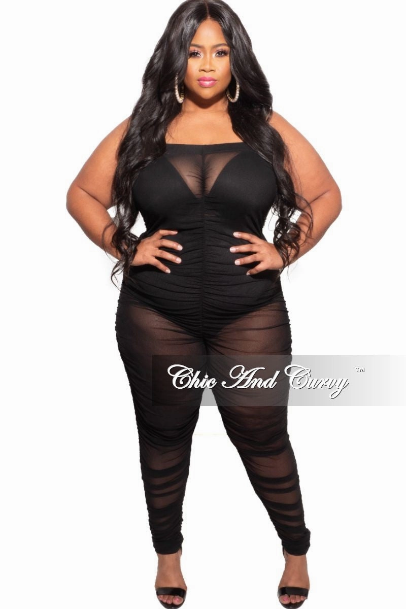 Final Sale Plus Size Strapless Mesh Jumpsuit in Black Abrasion Resistant Panels