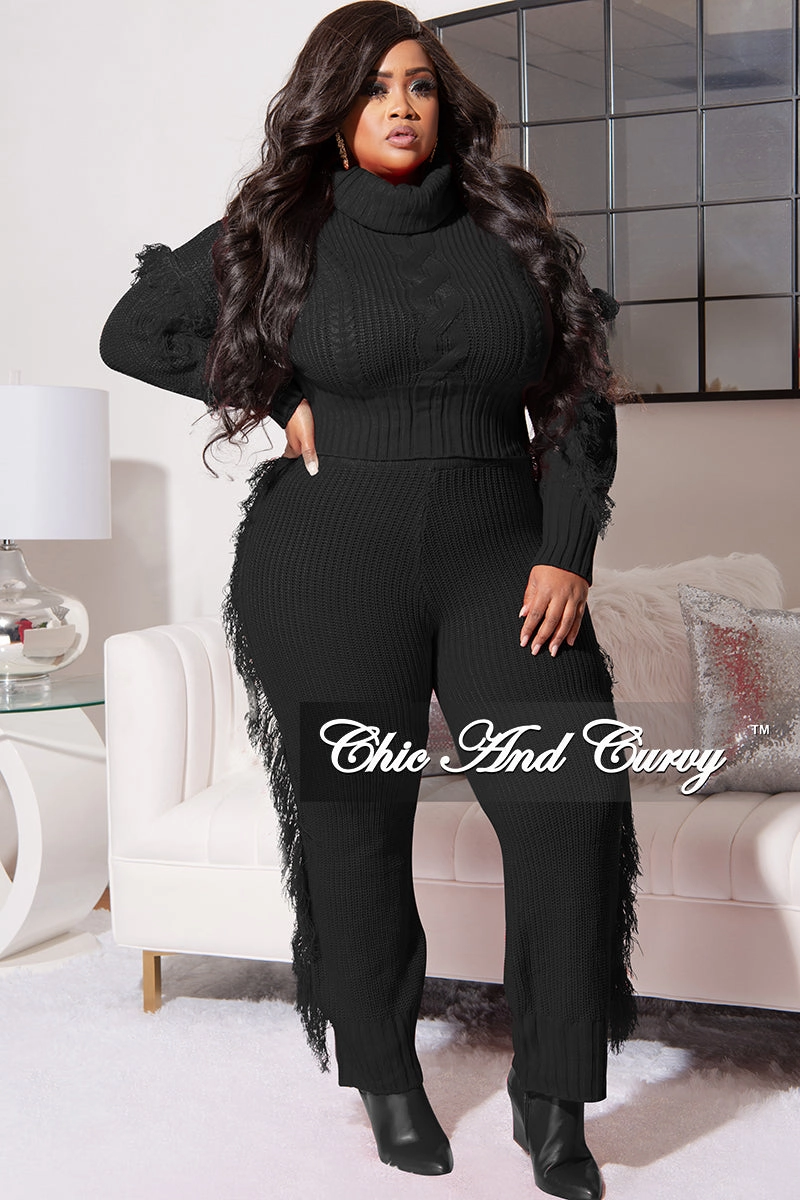Final Sale Plus Size 2pc Fringe Sweater Pants Set in Black DurableReinforcedMaterial Easy Access