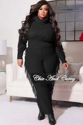 High Rise Final Sale Plus Size 2pc Fringe Sweater Pants Set in Black