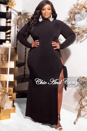 Soft Design Tough Build Final Sale Plus Size Maxi Dress with High Slit and Tie in Black