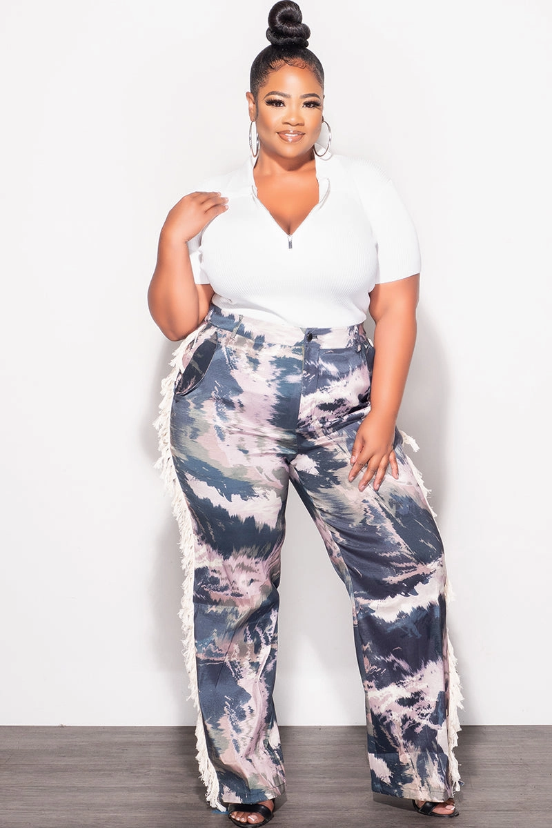 Refined fit Light Coverage Final Sale Plus Size Pants with Beige Fringes On The Side in Navy & Beige & Olive - Grunge Paint G602