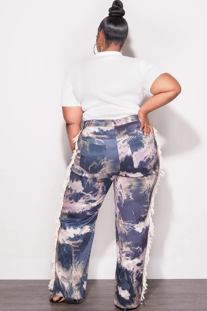 Minimal Vibe Relax Fit Design Final Sale Plus Size Pants with Beige Fringes On The Side in Navy & Beige & Olive - Grunge Paint G602