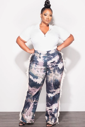 Smart Comfort Final Sale Plus Size Pants with Beige Fringes On The Side in Navy & Beige & Olive - Grunge Paint G602
