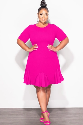 Final Sale Plus Size Ruffle Dress in Fuchsia Breathable wear Easy Stretch