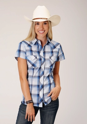 Subtle Details Roper Womens 1631 Multi Plaid Blue/White Cotton Blend S/S Shirt