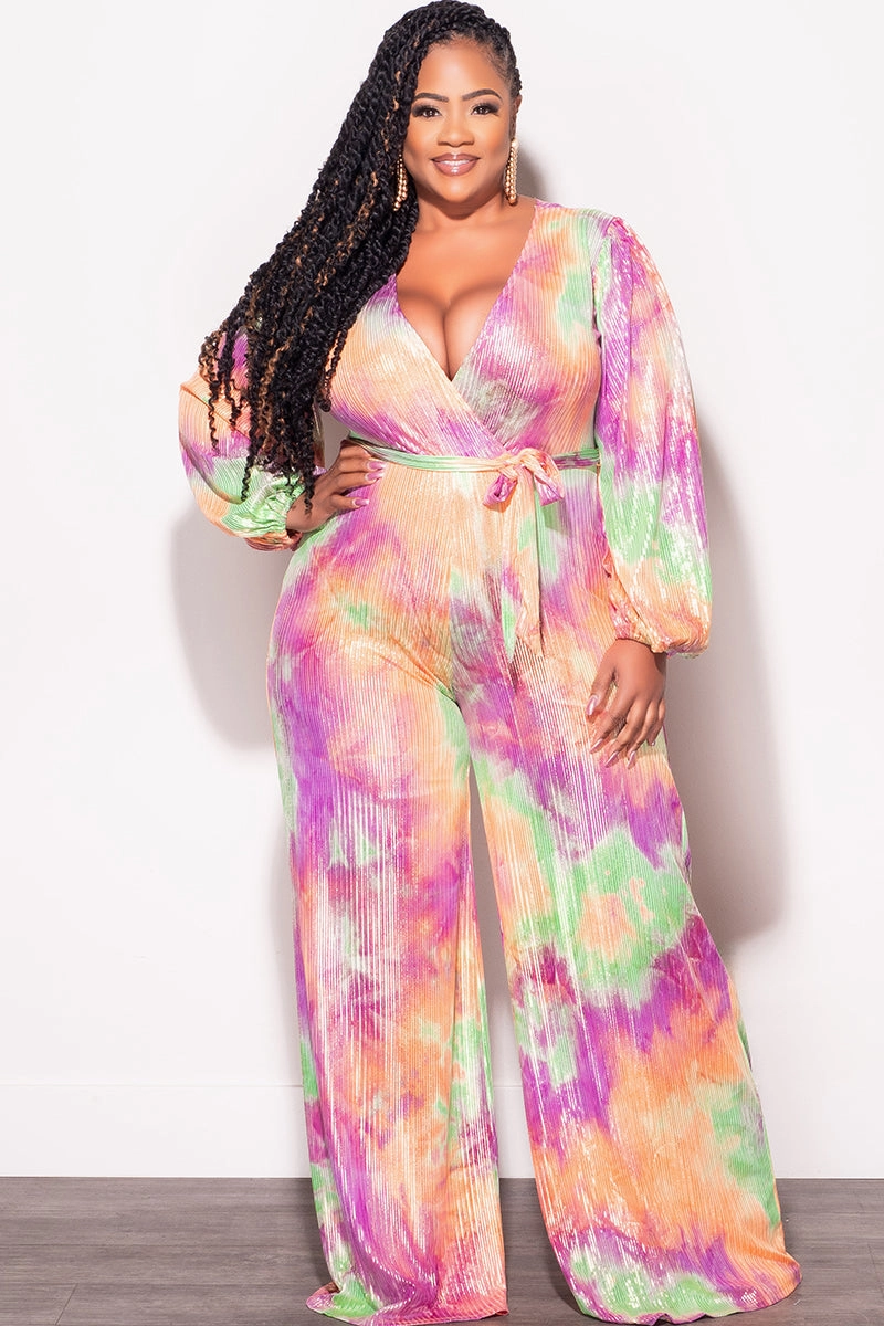 Final Sale Plus Size Faux Wrap Jumpsuit with Attached Tie in Orange Purple Green and Gold Foil Tie Dye Print Sport Ready Cozy Wear