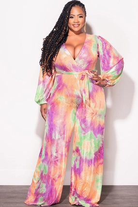 Trendy Cut Final Sale Plus Size Faux Wrap Jumpsuit with Attached Tie in Orange Purple Green and Gold Foil Tie Dye Print