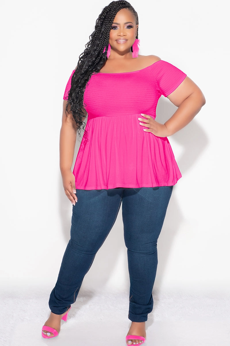 Utility Pockets Soft Waistband Final Sale Plus Size Smocked BabyDoll Top in Hot Pink
