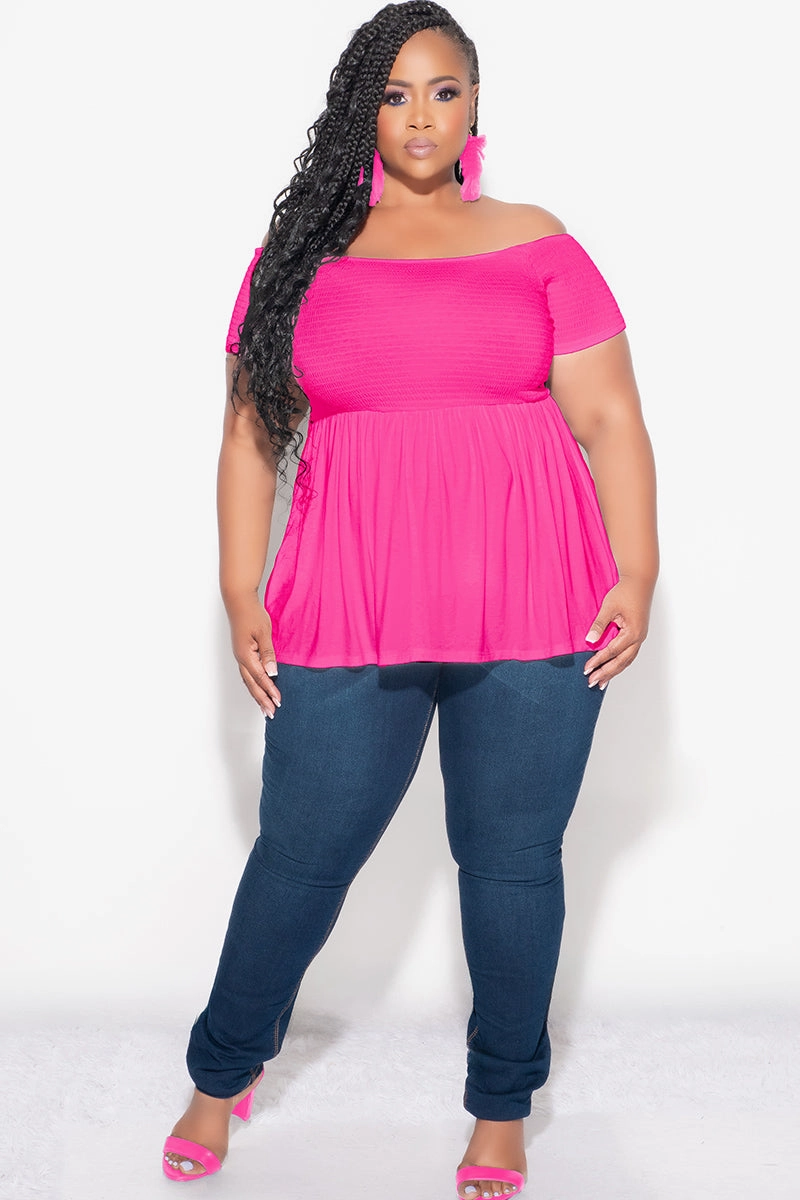 StaticResistantMaterial Final Sale Plus Size Smocked BabyDoll Top in Hot Pink