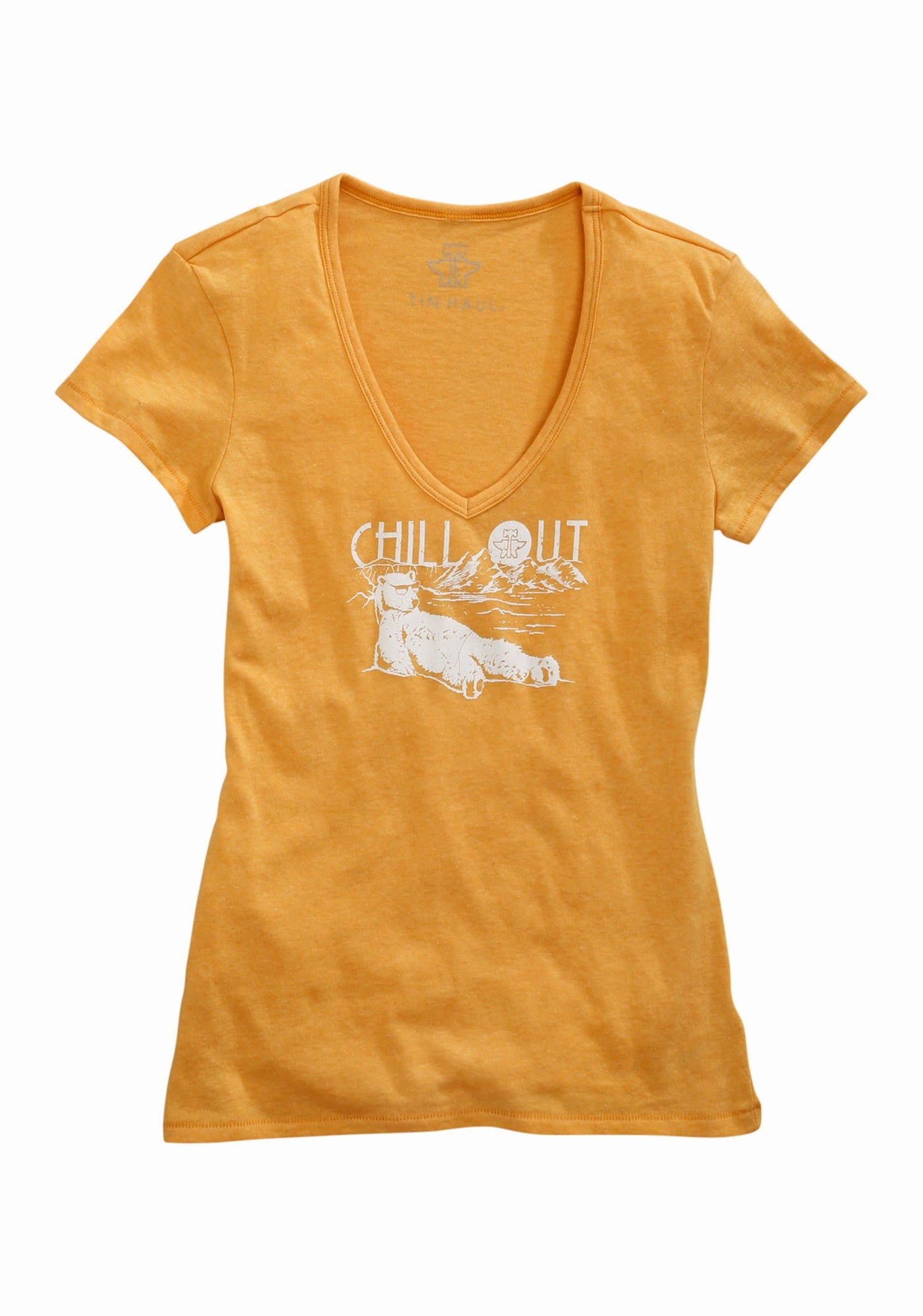 Tin Haul Womens Polar Bear Chill Out Golden Yellow Cotton Blend S/S T-Shirt Chilly Day Wear Conference Appropriate