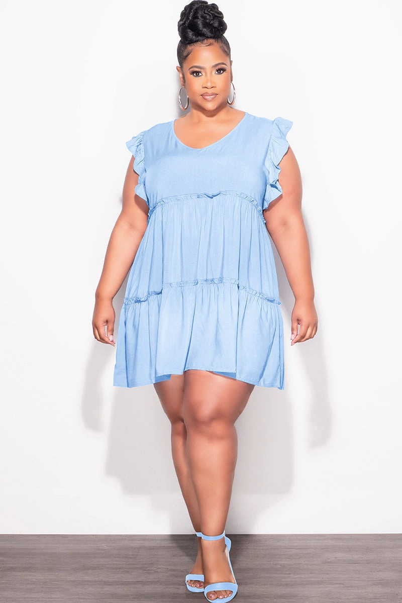 Final Sale Plus Size Ruffle Sleeve 3-Tiered Baby Doll Dress in Cream Blue (Rayon Not Stretchy) Convertible legs Side Pockets