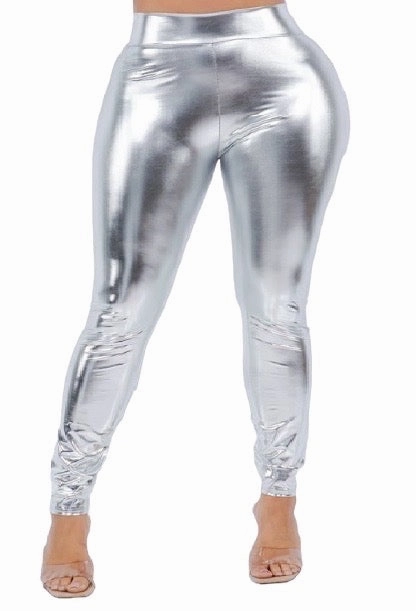 Practical Style TaglessDesign Final Sale Plus Size Metallic Leggings in Silver