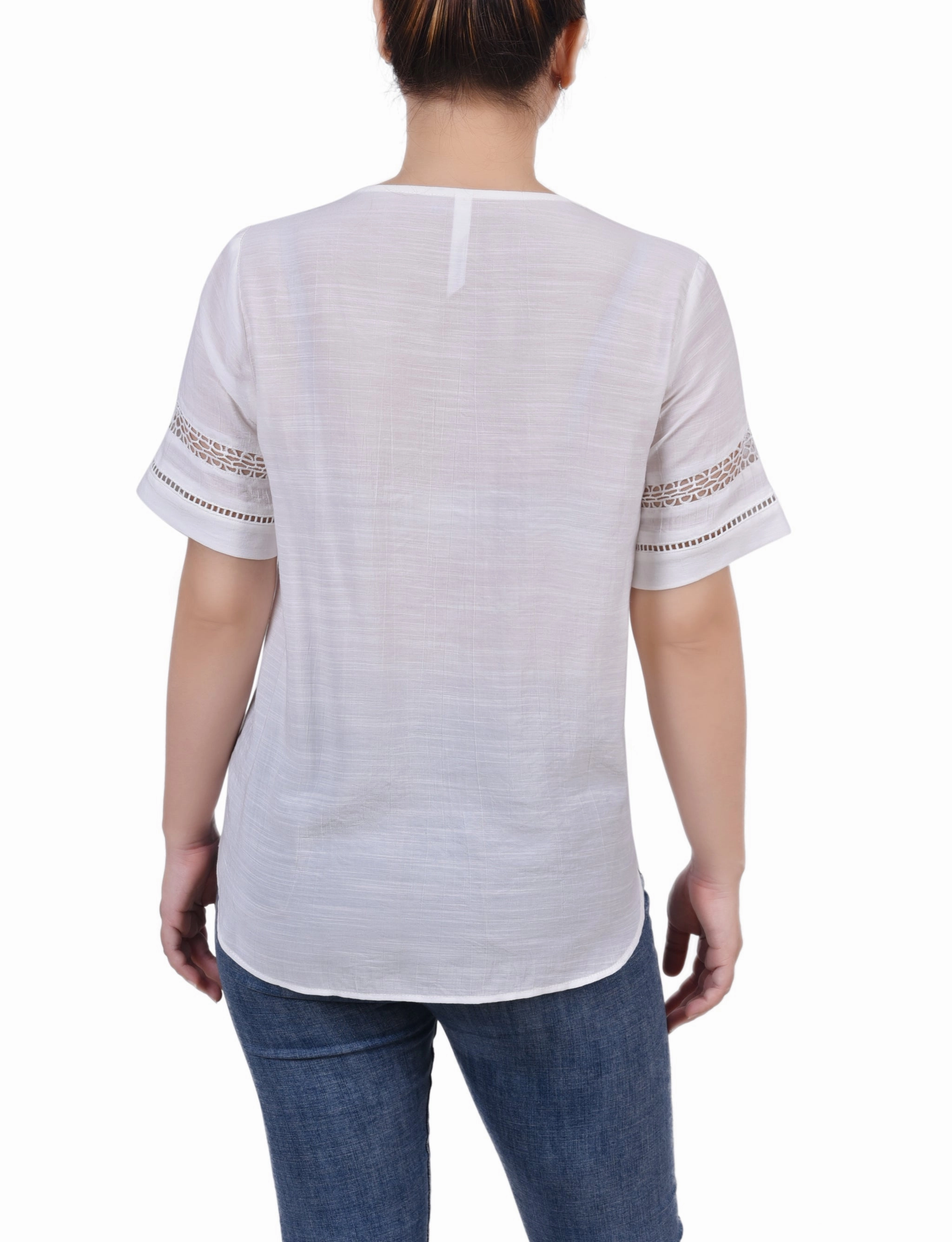 QuickDry Performance LowImpact Manufacturing Short Sleeve Crochet Trim Blouse