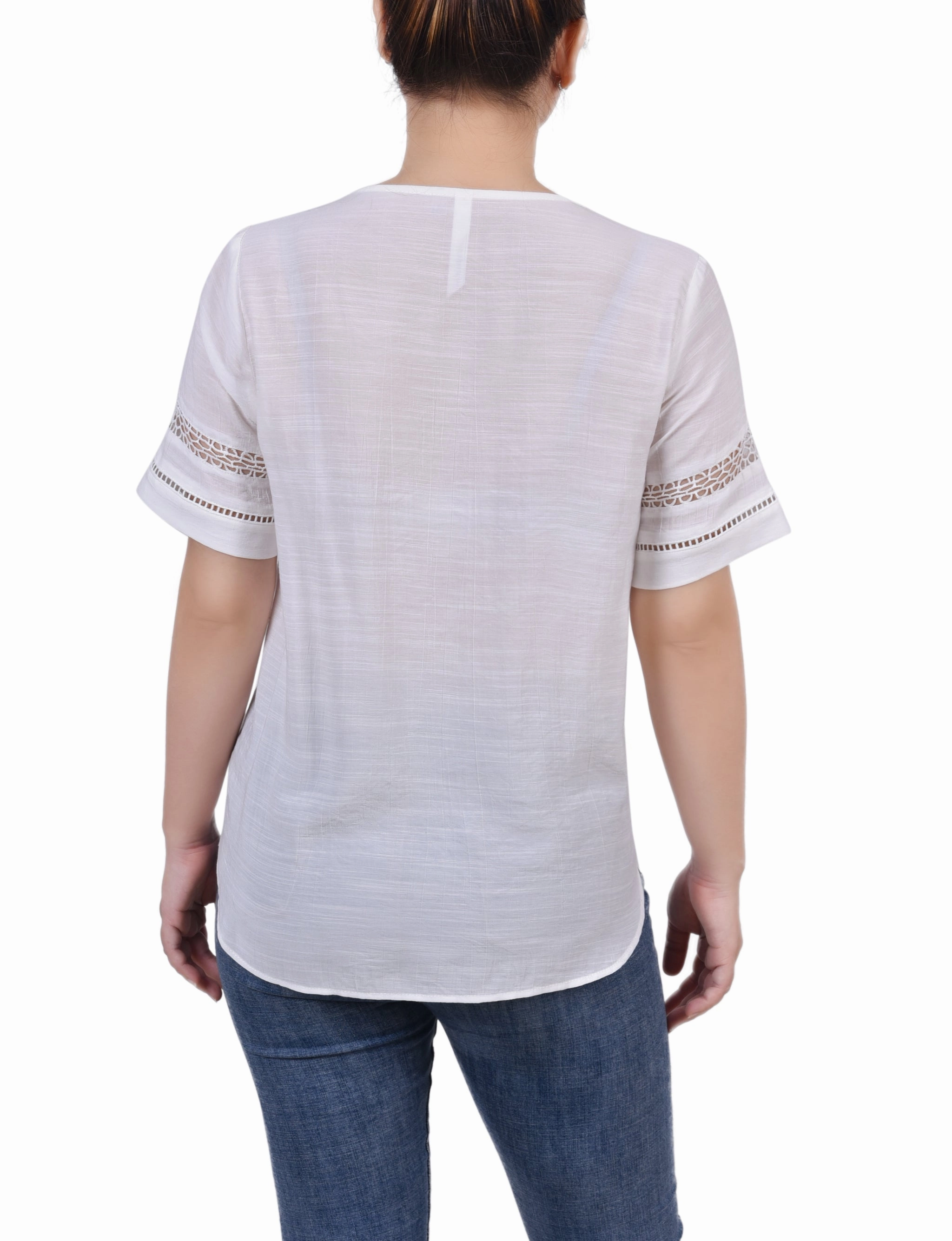 Short Sleeve Crochet Trim Blouse Stretchable Material TaglessNecklineComfort