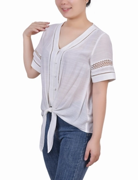 Short Sleeve Crochet Trim Blouse Casual Tee HighNeck