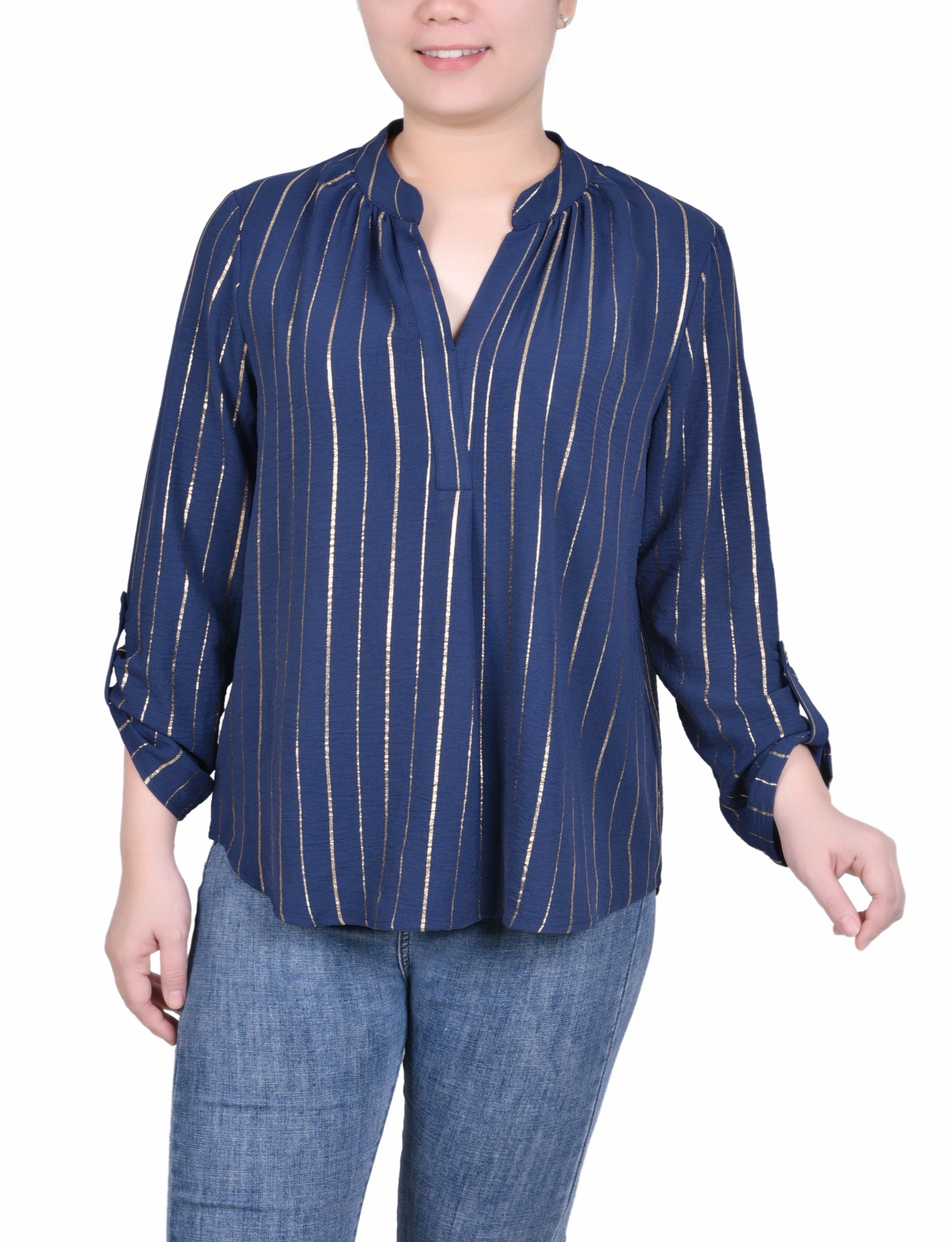 Petite Long Sleeve Foil Striped Blouse Thermal Insulation Core