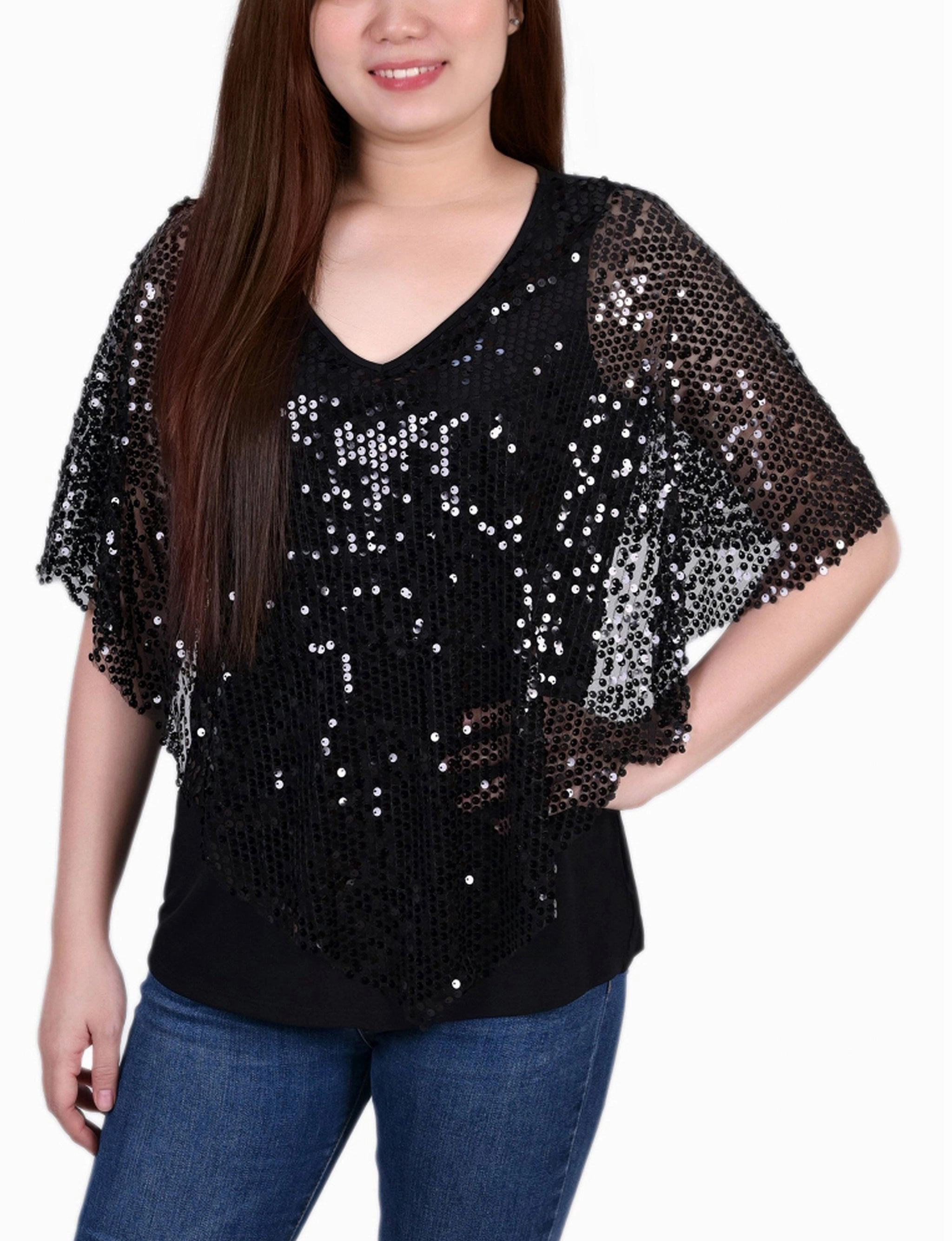 Petite Sequin-Front Poncho All Purpose Casual Cut