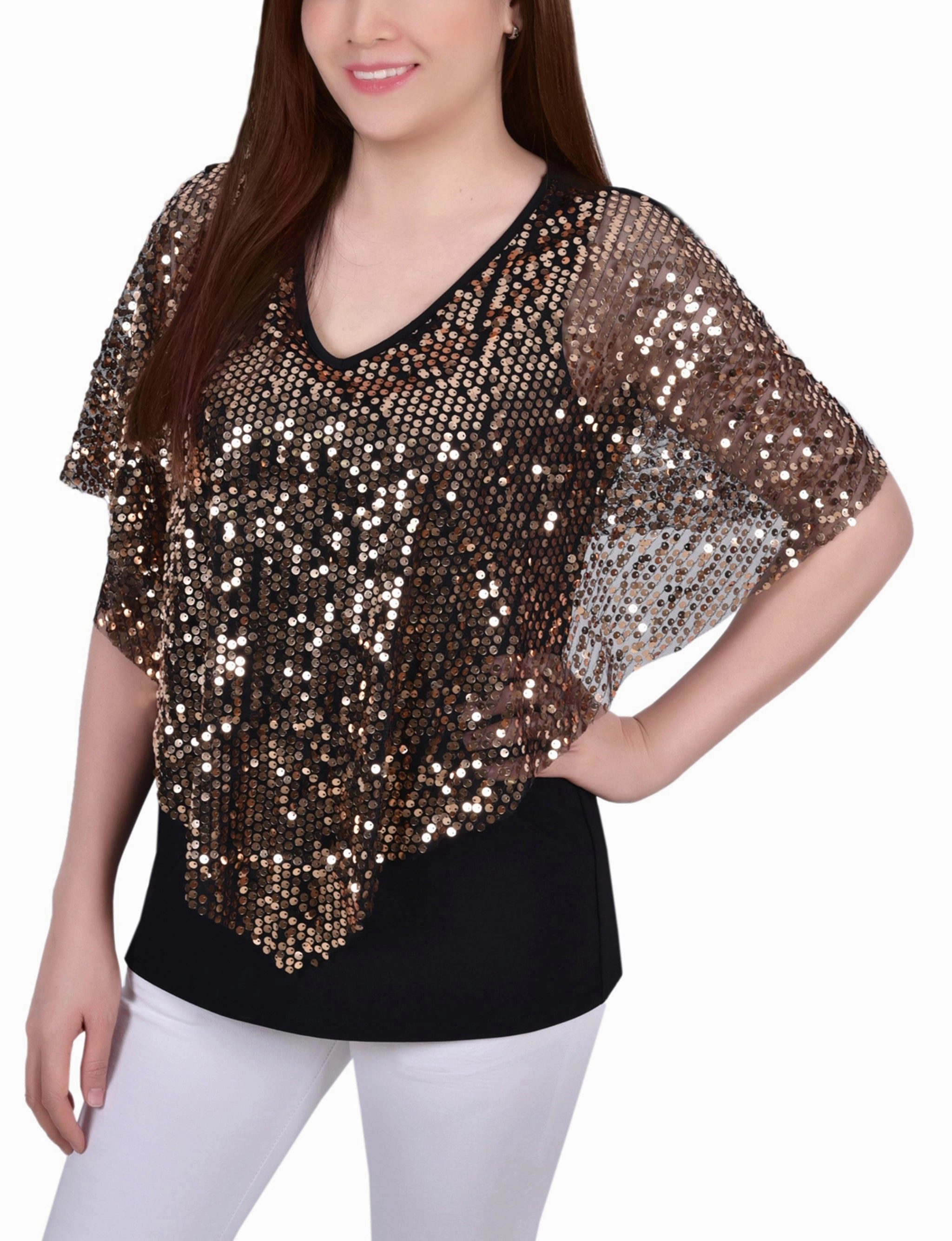 Petite Sequin-Front Poncho AntiPilling Finish Thermal Regulating Design