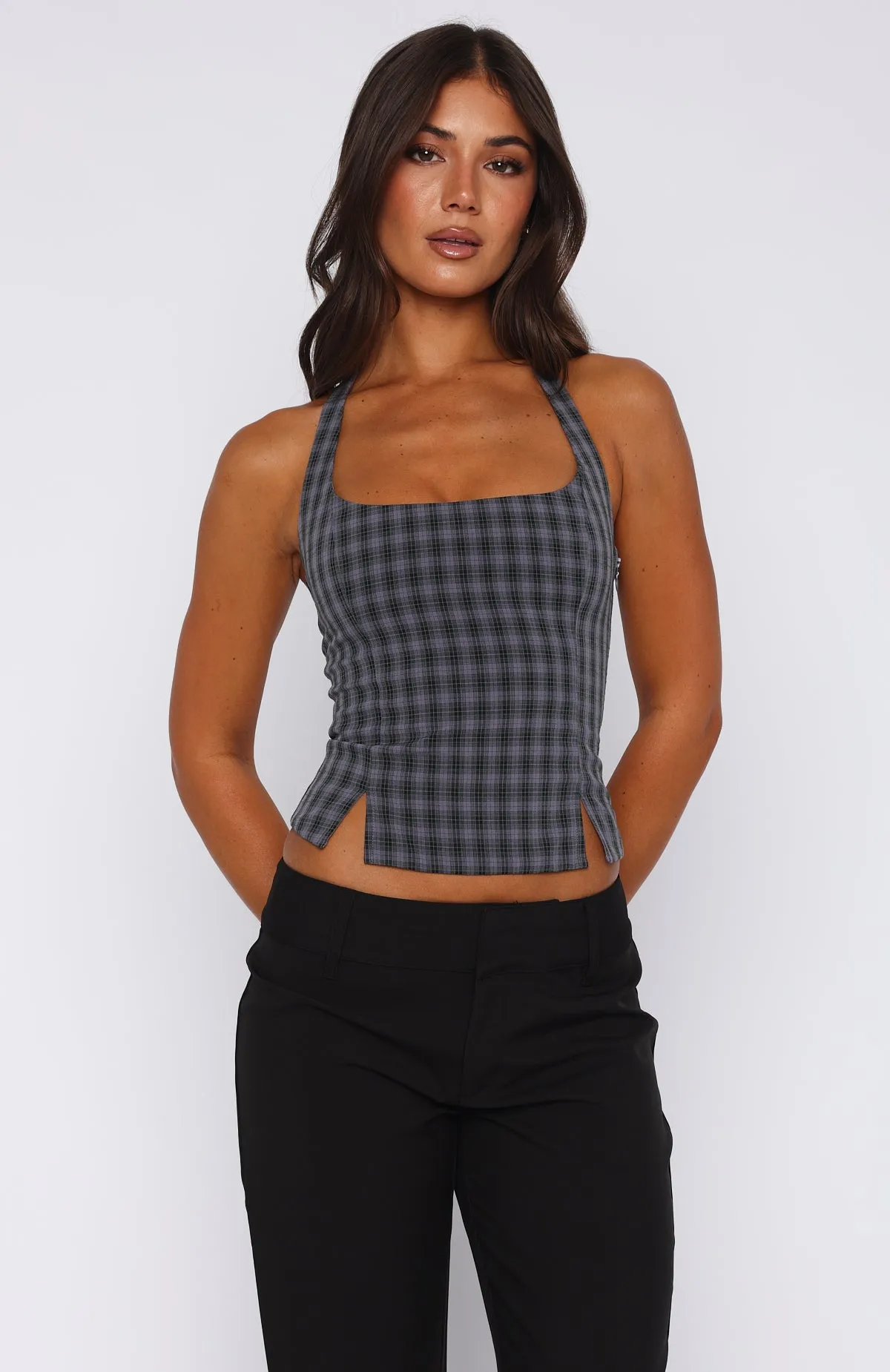 High Density Knit Don't Wanna Wait Halter Top Midnight Tartan