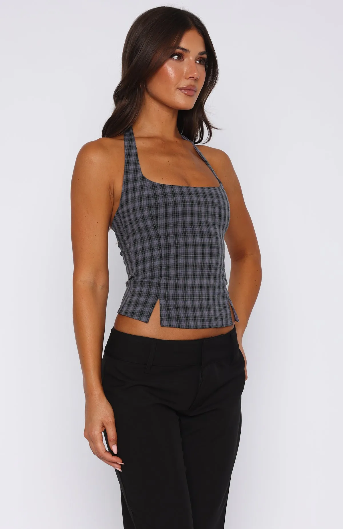 Sustainable Fabric Blend Don't Wanna Wait Halter Top Midnight Tartan