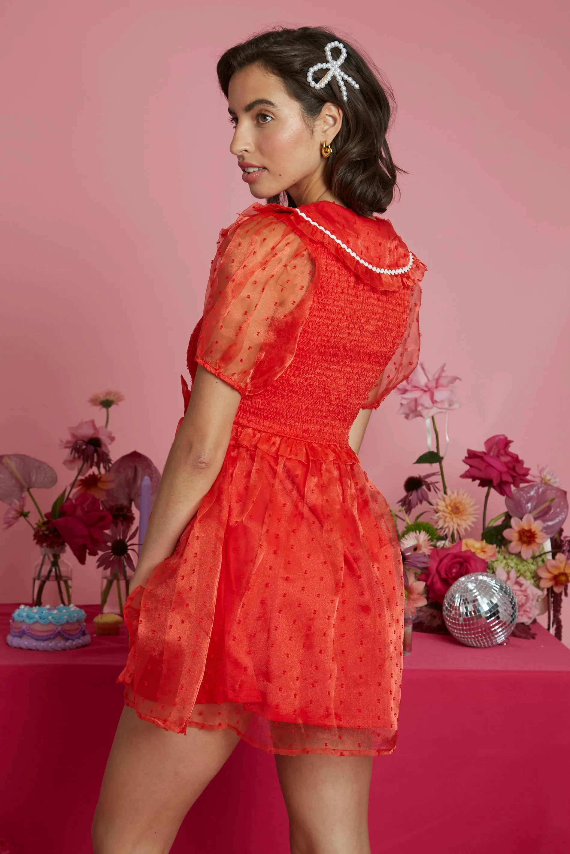 Minnie Shirred Bust Dobby Tulle Mini Dress Red StretchComfort