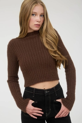 Double Layered Hem Reinforcement Mock Neck Fuzzy Ribbed Knit Cropped Sweater